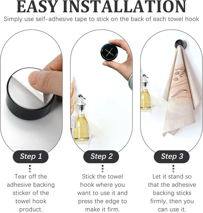 Philbinden 3 Pieces Kitchen Towel Hooks Round Adhesive Dish Towel Hook Premium Chrome Finish & Easy Installation Wall Mount Hand Towel Hook Ideal as Bathroom, Shower or Outdoor Towel Holders (Black) - Image 5